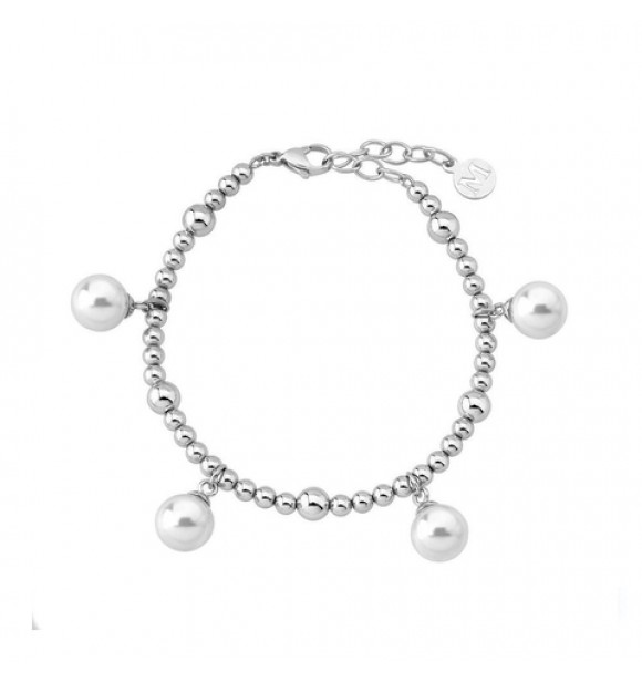 Brazalete de 19/24cm en acero rodiado, 10mm perlas redondas blancas