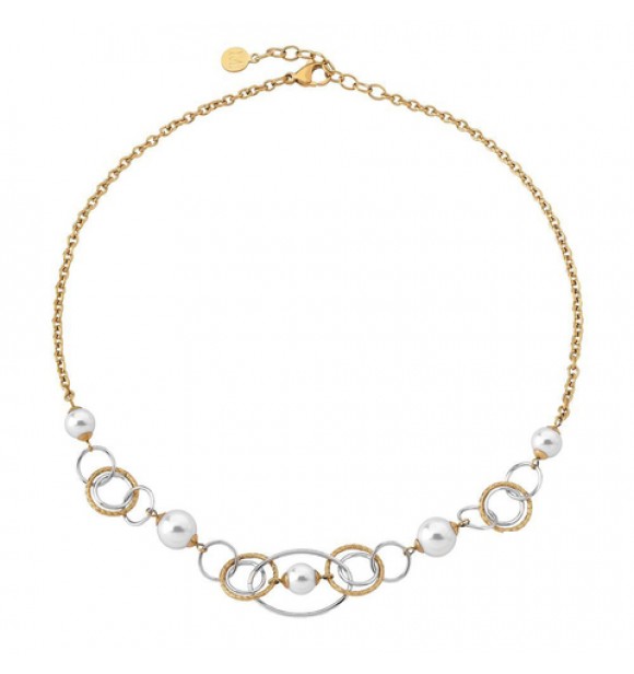 Collar corto en acero rodiado y dorado, 8/10mm perlas redondas blancas