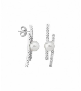 Pendientes cortos con pincho en plata rodiada, 8mm perlas redondas blancas y circonitas