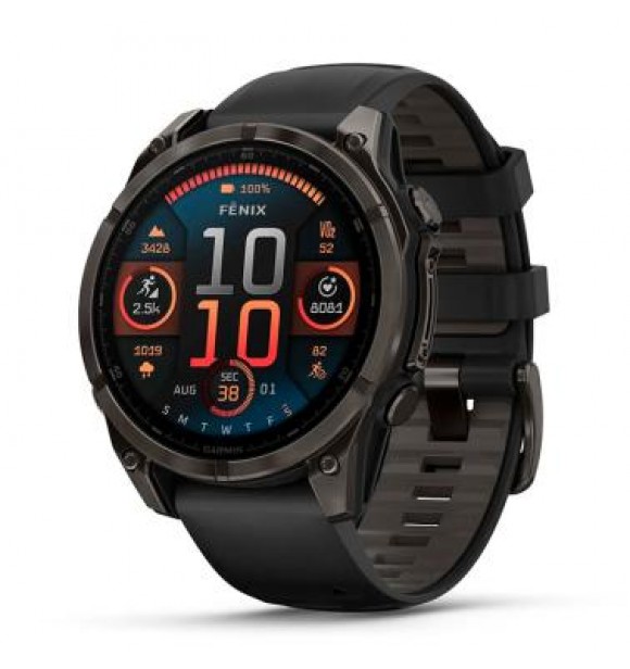 FENIX 8 AMOLED 47 MM, AMOLED SAPPHIRE,
 TITANIO CON REVESTIMIENTO DE DLC CON CORREA DE SILICONA NEGRA/GRIS