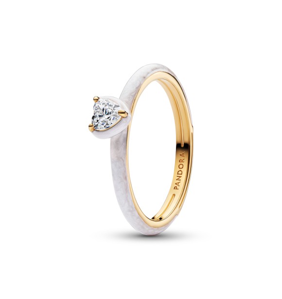 163088C01-46 Heart 14k gold-plated ring with clear cubic zirconia and shimmering white enamel