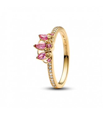 PANDORA 163651C01 Anillo tiara bañado en oro de 14k de Rapunzel de Disney con cristal rosa phlox y circonita cúbica transparente