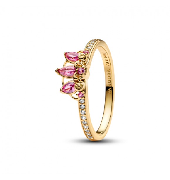 PANDORA 163651C01 Anillo tiara bañado en oro de 14k de Rapunzel de Disney con cristal rosa phlox y circonita cúbica transparente