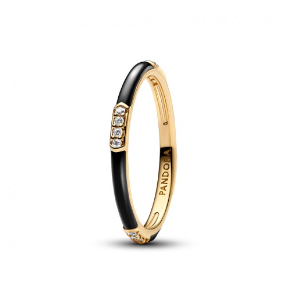 PANDORA 163686C01 Anillo bañado en oro de 14k con circonita cúbica transparente y esmalte negro