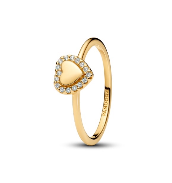 PANDORA 163801C01 Anillo de corazón grabable bañado en oro de 14k con circonita cúbica transparente