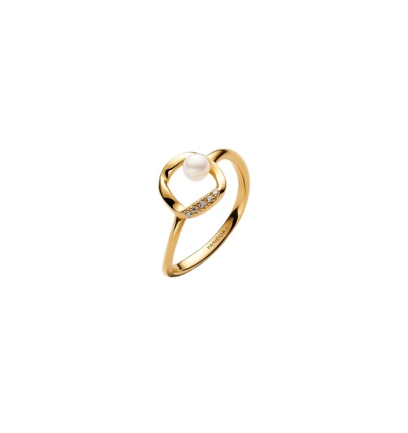 PANDORA 163831C01 14k gold-plated ring with treated white freshwater cultured pearl and clear cubic zirconia
