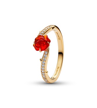 163984C01-56 Disney Beauty and The Beast Rose 14k gold-plated ring with clear cubic zirconia and red Murano glass