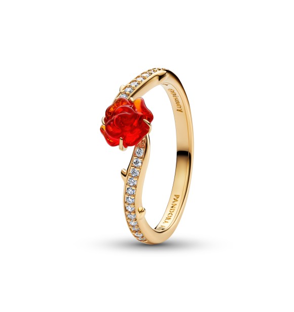 163984C01-52 Disney Beauty and The Beast Rose 14k gold-plated ring with clear cubic zirconia and red Murano glass