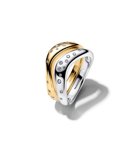 164674C01-56 Sterling silver and 14k gold-plated splittable ring with clear cubic zirconia