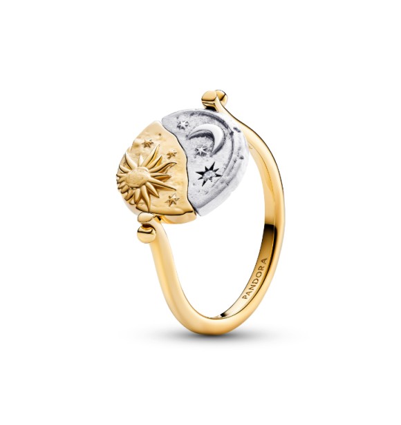 PANDORA 164810C01 Sun and moon sterling silver and 14k gold-plated spinnable ring with clear cubic zirconia