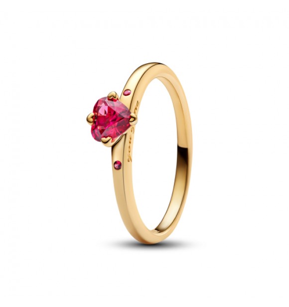 PANDORA 166574C01 Anillo corazón bañado en oro de 14k con cerezas jubileo cristal rojo