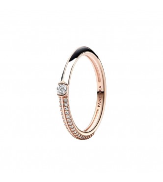 14k Rose gold-plated ring with clear cubic zirconia and black enamel