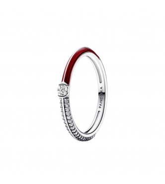 Sterling silver ring with clear cubic zirconia and red enamel