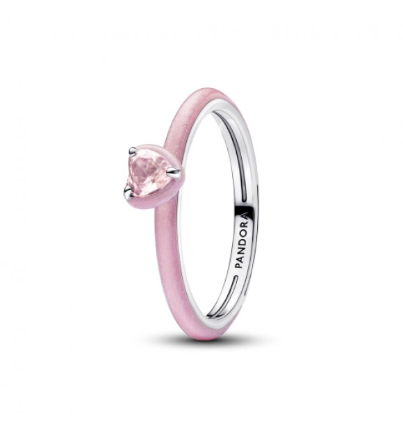 PANDORA 193088C02 Anillo de plata de ley con forma de corazón con cristal rosa orquídea y esmalte rosa brillante