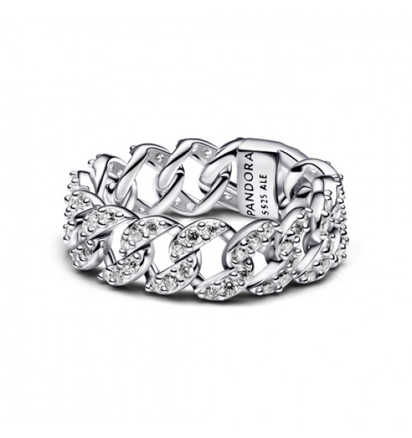 PANDORA 193557C01 Anillo en plata de ley Cadena Cubana en Pavé