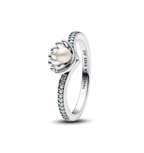 PANDORA 193654C01 Anillo de plata de ley Ariel de Disney con perla cultivada de agua dulce blanca tratada y circonita cúbica transparente aurora boreal