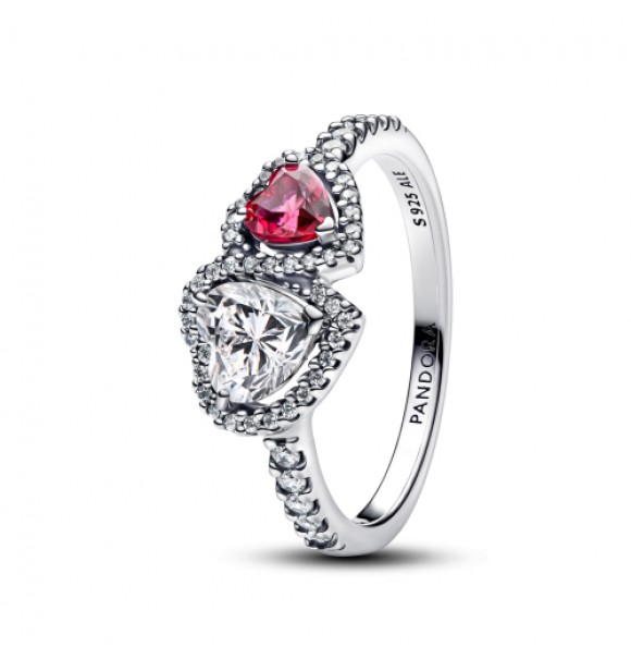 PANDORA 193662C01 Anillo de plata de ley con corazones y cerezas en cristal rojo jubileo y circonita cúbica transparente