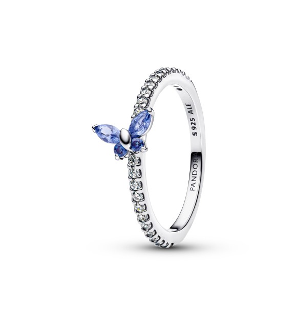 PANDORA 194269C01 Anillo de plata de ley con forma de mariposa,
 cristal azul aciano y circonita cúbica transparente.