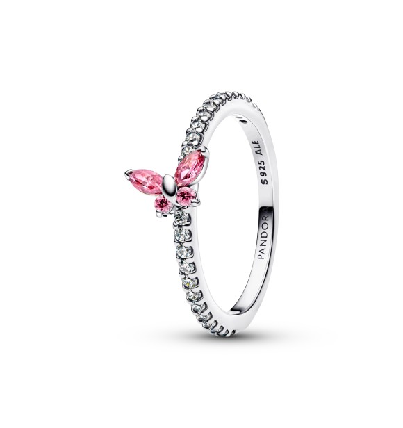 PANDORA 194269C02 Anillo de plata de ley con forma de mariposa y circonitas cúbicas rosas y transparentes.