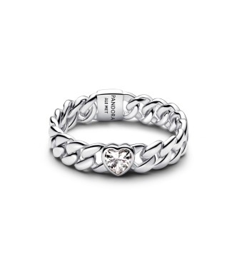 PANDORA 194386C01 Heart cuban chain sterling silver ring with clear cubic zirconia