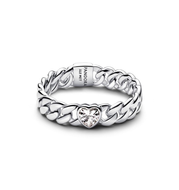 PANDORA 194386C01 Heart cuban chain sterling silver ring with clear cubic zirconia