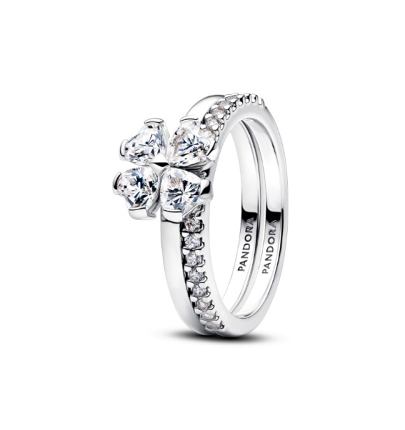PANDORA 194507C01 Anillo divisible de trébol de plata esterlina con circonitas cúbicas transparentes