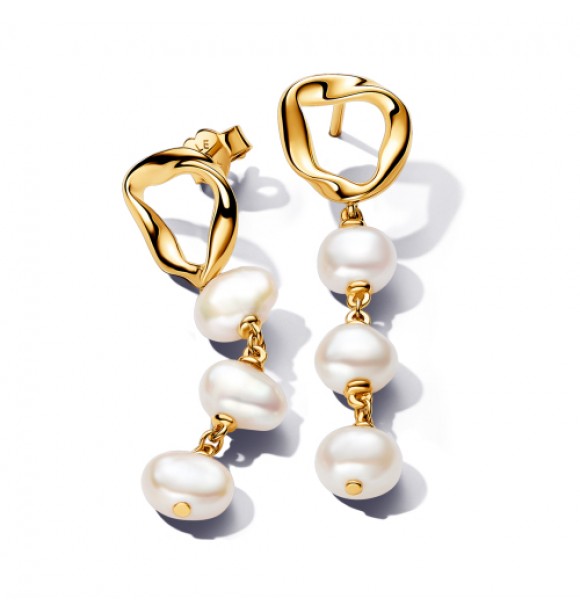 PANDORA 263263C01 Aretes colgantes chapados en oro de 14 k con perla cultivada de agua dulce tratada en color blanco barroco