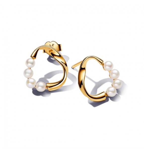 PANDORA 263276C01 Aretes chapados en oro de 14 k con perla cultivada de agua dulce tratada en color blanco