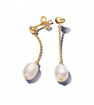 PANDORA 263313C01 Aretes colgantes chapados en oro de 14 k con perla cultivada de agua dulce tratada de color blanco