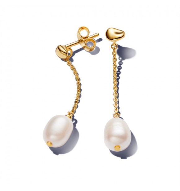 PANDORA 263313C01 Aretes colgantes chapados en oro de 14 k con perla cultivada de agua dulce tratada de color blanco