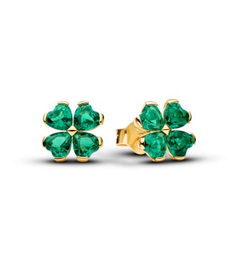 PANDORA 264500C01 Pendientes de botón Clover bañados en oro de 14k con cristal verde real