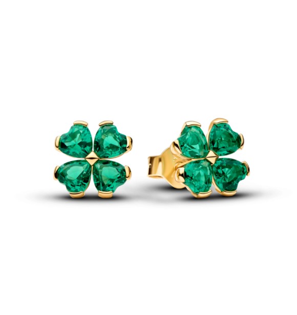 PANDORA 264500C01 Pendientes de botón Clover bañados en oro de 14k con cristal verde real