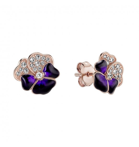 PANDORA 280781C01 Pansy 14k rose gold-plated stud earrings with clear cubic zirconia and shaded blue and violet enamel