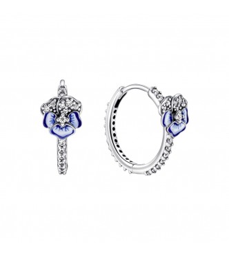 PANDORA 290775C01 Pansy sterling silver hoop earrings with clear cubic zirconia,
 shaded blue and white enamel