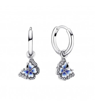 PANDORA 290778C01 Butterfly sterling silver hoop earrings with clear cubic zirconia,
 shaded blue and white enamel