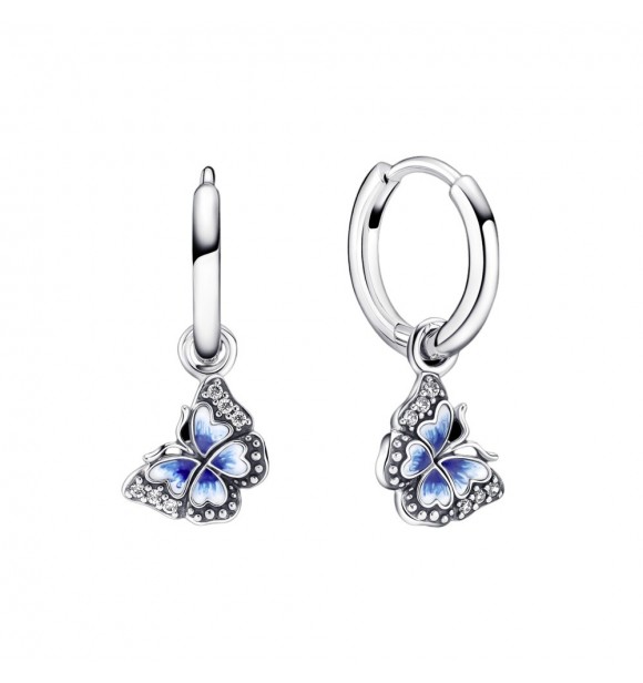 PANDORA 290778C01 Butterfly sterling silver hoop earrings with clear cubic zirconia,
 shaded blue and white enamel