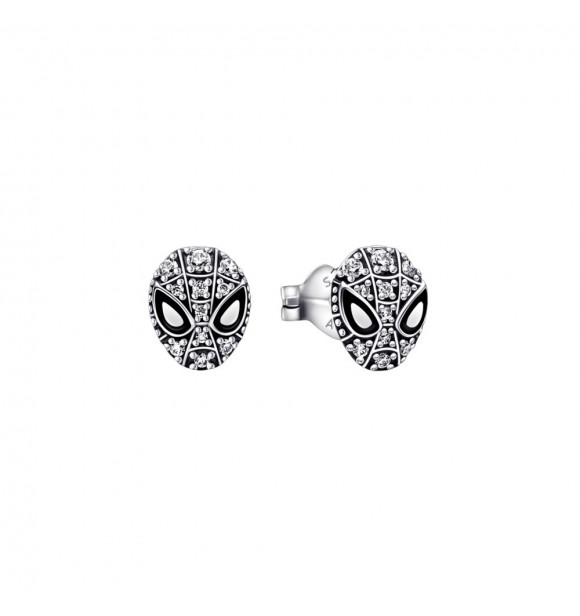 PANDORA 292354C01 Aretes de plata de ley de Spider-Man de Marvel con circonitas cúbicas transparentes y esmalte negro