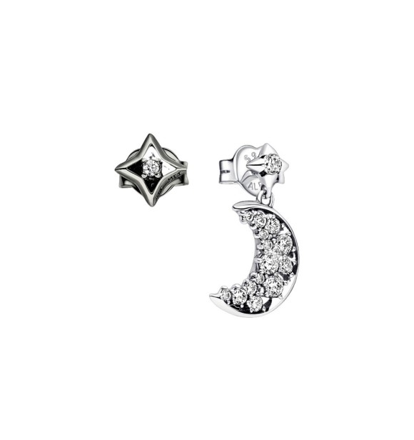 292782C01 Moon and star sterling silver and ruthenium-plated stud earrings with clear cubic zirconia