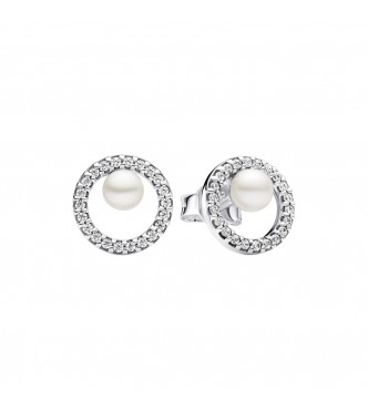 PANDORA 293154C01 Aretes de plata de ley con perla cultivada de agua dulce tratada en color blanco y circonita cúbica transparente