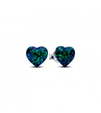 PANDORA 293356C01 Aretes de plata de ley con forma de corazón y ópalo verde azul creado en laboratorio
