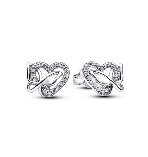PANDORA 294476C01 Pendientes de plata de ley con forma de corazón y mariposa y circonitas transparentes.