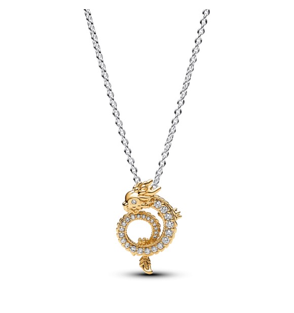 363070C01-45 Dragon sterling silver and 14k gold-plated pendant necklace with clear cubic zirconia