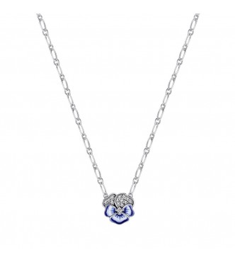 PANDORA 390770C01-50 Pansy sterling silver necklace with clear cubic zirconia,
 shaded blue and white enamel