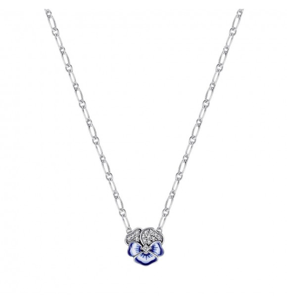 PANDORA 390770C01-50 Pansy sterling silver necklace with clear cubic zirconia,
 shaded blue and white enamel