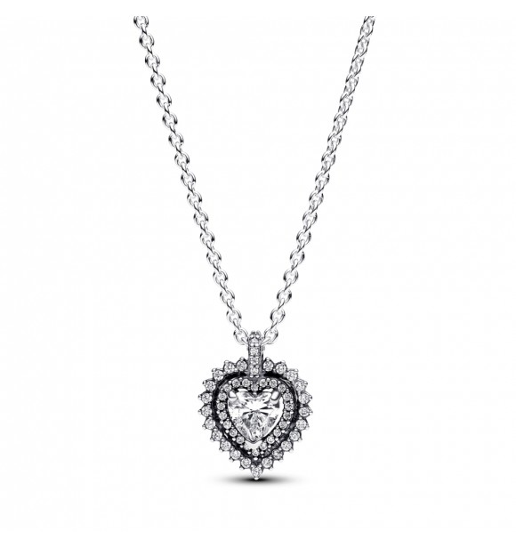 PANDORA 393099C01-45 Collar de plata de primera ley con forma de corazón y circonitas cúbicas transparentes.