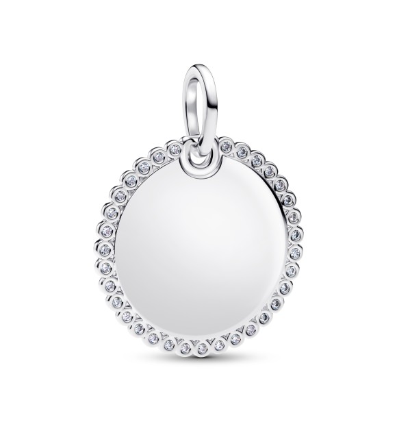 PANDORA Engravable round sterling silver pendant with clear cubic zirconia