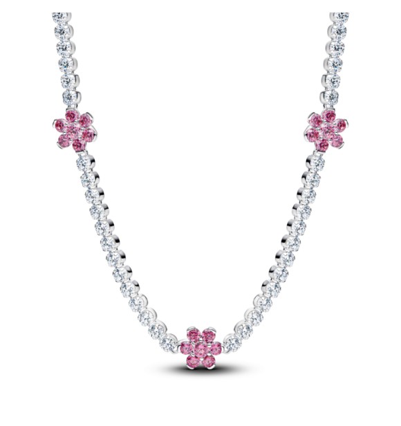 PANDORA 394561C01 Gargantilla de plata de ley con flores,
 circonitas cúbicas transparentes de color rosa elegante y cierre deslizante