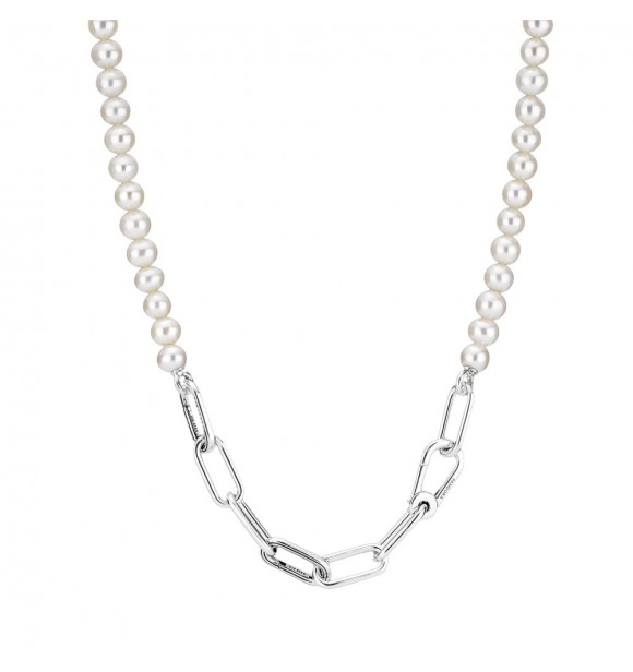 Sterling silver link necklace with white freshwater cultured pearl