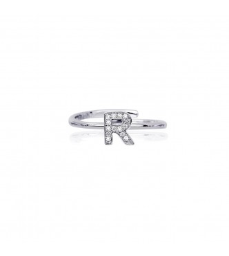 Anillo de plata 925 con circonitas letra R 1 mm, talla regulable de 11 a 19