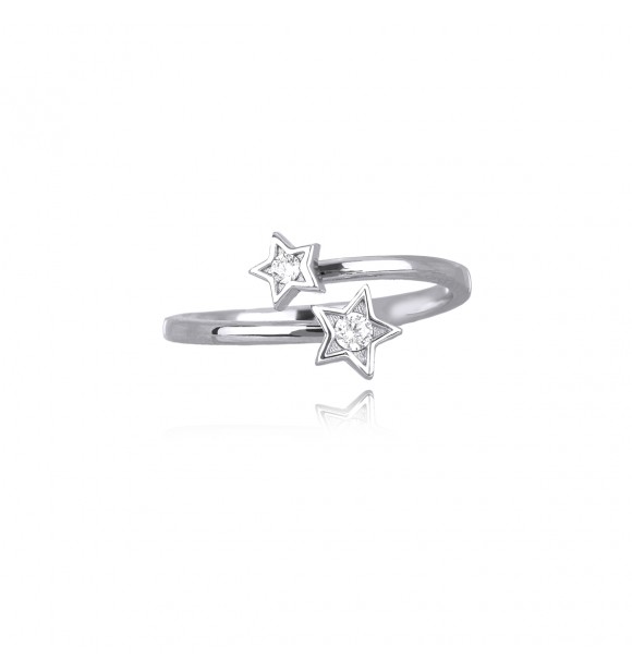 Anillo de plata 925 con circonitas 2,6 y 2 mm y 2 estrellas,
 talla regulable del 11 al 19